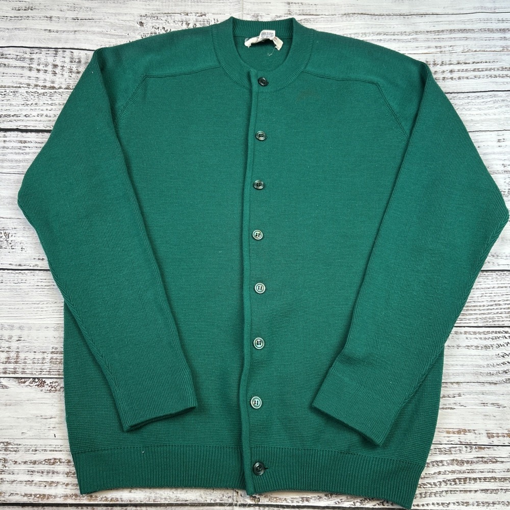 VTG Sportif Green Cardigan Sweater Mens Sz L Acrylic Wool Raglan Knit Button Up